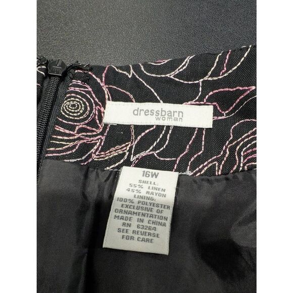 NWT Dressbarn Black Linen Rayon Midi A Line Embroidered Skirt Satin Trim Women's - Picture 3 of 5